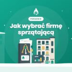 Podkładka z oceną w gwiazdkach i lupa obok małego budynku, miniatura poradnika o wyborze firmy sprzątającej