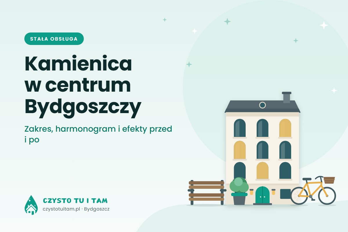 Fasada kamienicy z ławką, rowerem i donicą przy wejściu – temat wpisu: studium przypadku obsługi kamienicy w centrum Bydgoszczy