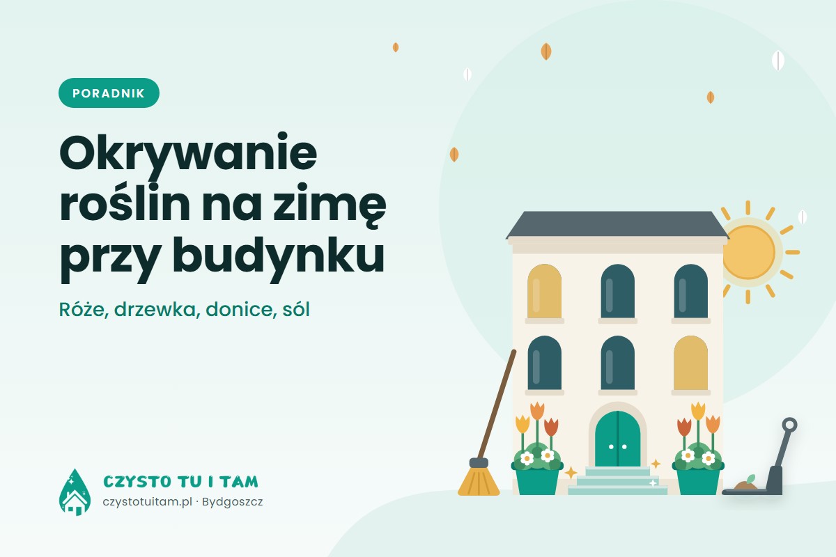 Kamienica z donicami kwiatów przy wejściu, miotła i łopatka, wokół jesienne liście – okrywanie roślin na zimę przy budynku