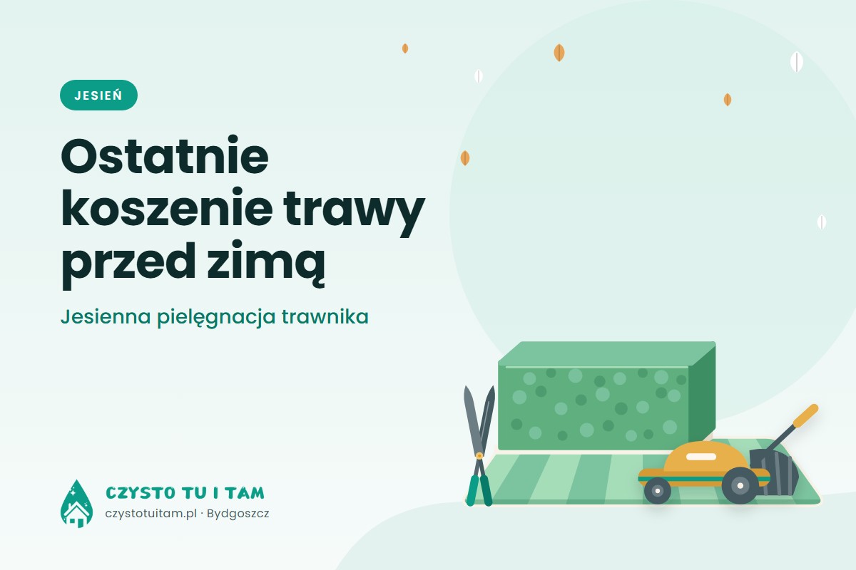 Kosiarka na trawniku obok zielonego żywopłotu – ostatnie koszenie trawy przy budynku i jesienna pielęgnacja trawnika