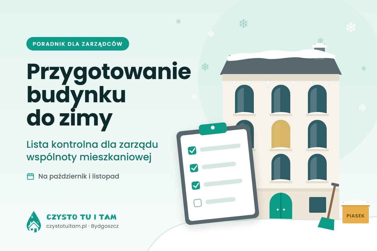 Ilustracja: kamienica zimą ze skrzynią z piaskiem, łopatą do śniegu i listą kontrolną – przygotowanie budynku do zimy