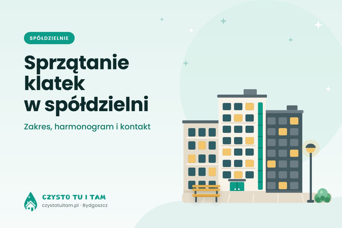 Bloki osiedla spółdzielczego z ławką i latarnią – sprzątanie klatek schodowych w spółdzielni mieszkaniowej