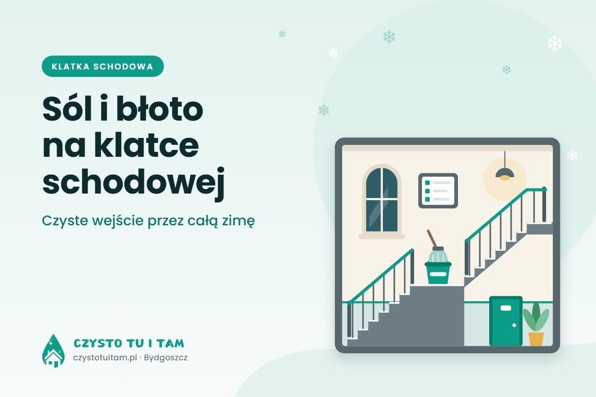 Klatka schodowa z poręczą, oknem i wiadrem do mycia – zimowe sprzątanie klatki schodowej z soli i błota