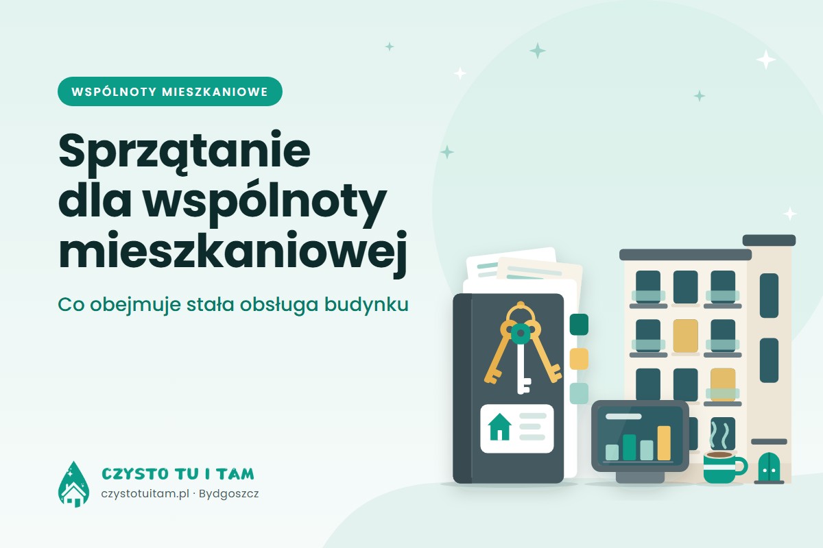 Teczka z kluczami, tablet z wykresem i budynek mieszkalny – stała obsługa sprzątania dla wspólnoty mieszkaniowej w Bydgoszczy