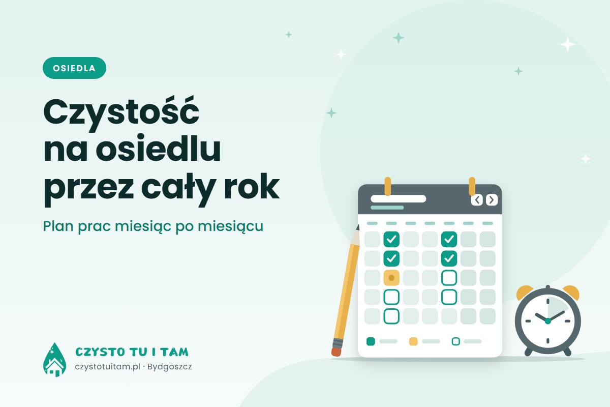 Kalendarz z listą zadań, ołówek i budzik – plan utrzymania czystości na osiedlu przez cały rok
